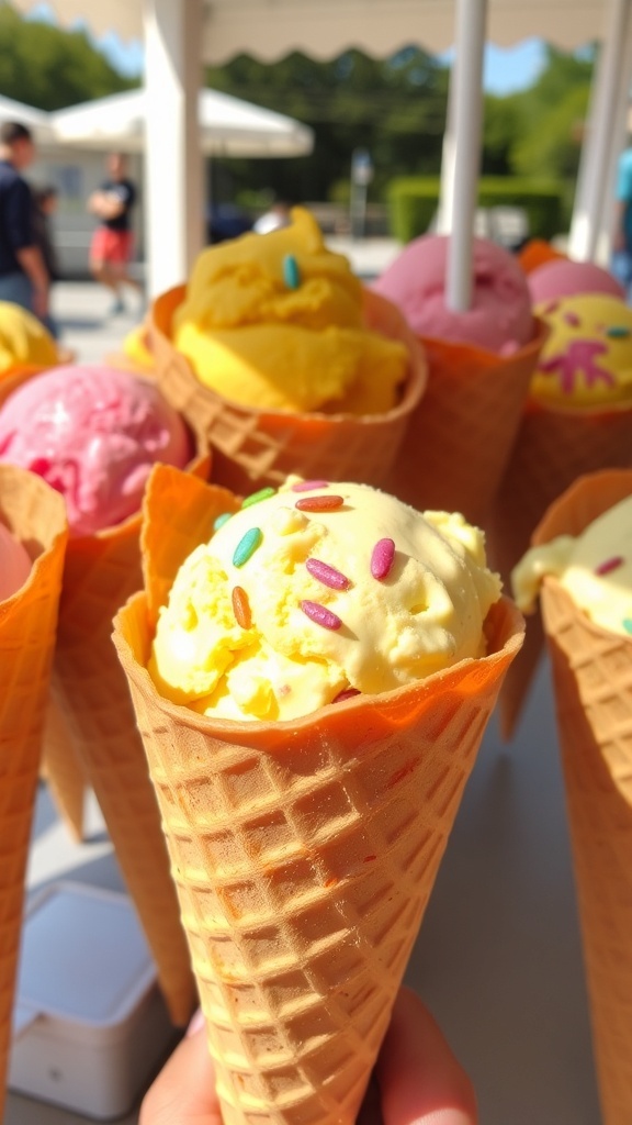 Freshly made ice cream cones filled with colorful ice cream in a sunny outdoor setting.